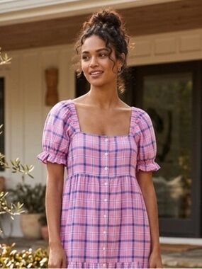 LITTLE TIENDA Pink and Blue Square Neck Puff Sleeve Dress in Magnifique VGUC